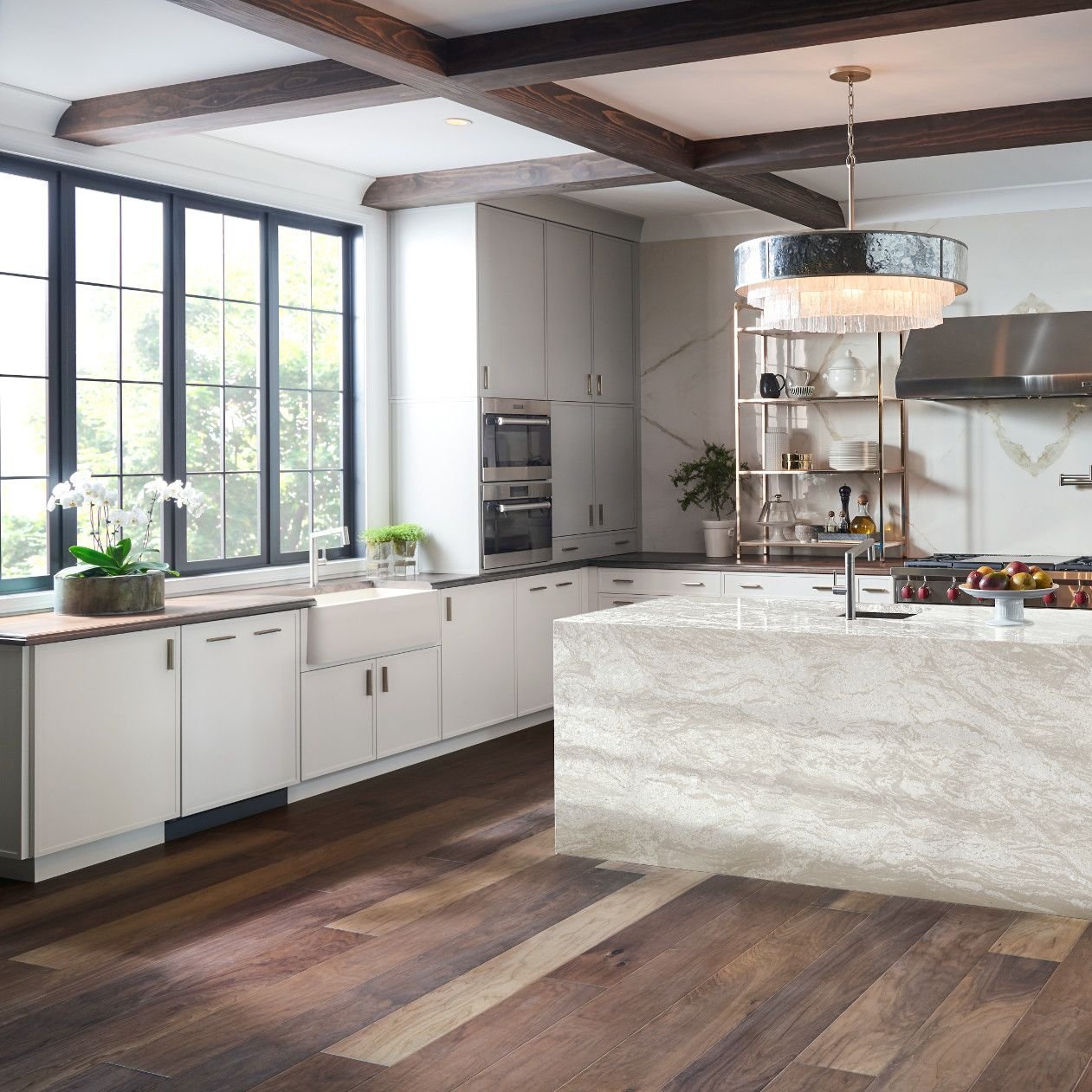 open kitchen with hardwood floors